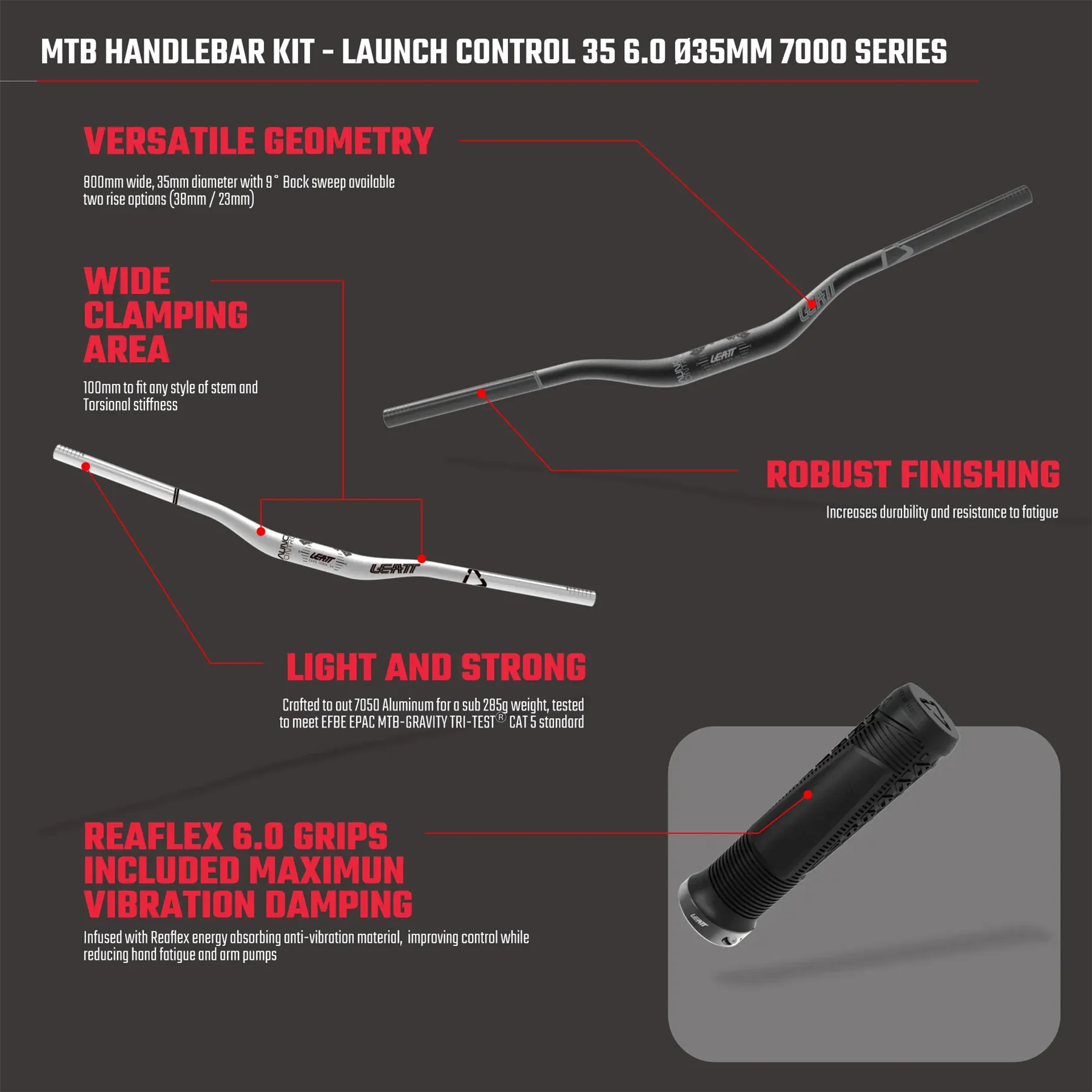 Leatt MTB Handlebar Kit Launch Control 6.0 35mm Hi Rise Silver - Image 9