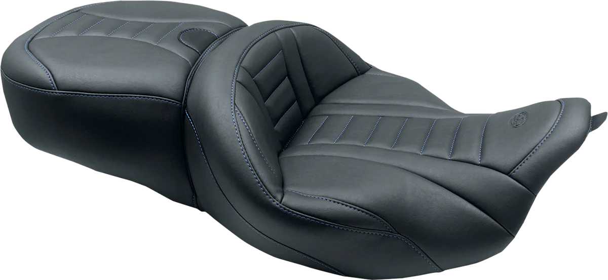 MUSTANG One-Piece Deluxe Touring Seat - Black w/ Sky Blue Stitching 79006SB - Image 2