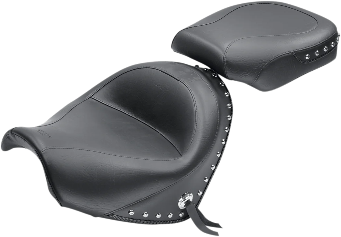 MUSTANG Seat - Wide - Touring - Without Backrest - Two-Piece - Chrome Studded - Black w/Conchos - Suzuki 76060