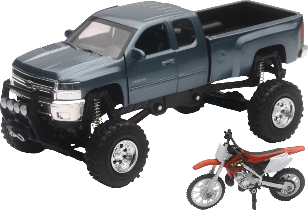 New Ray Toys Chevrolet Silverado Offroad Pick Up w/ Honda Dirt Bike - 1:32 Scale - Gray/Black/Red SS-54426