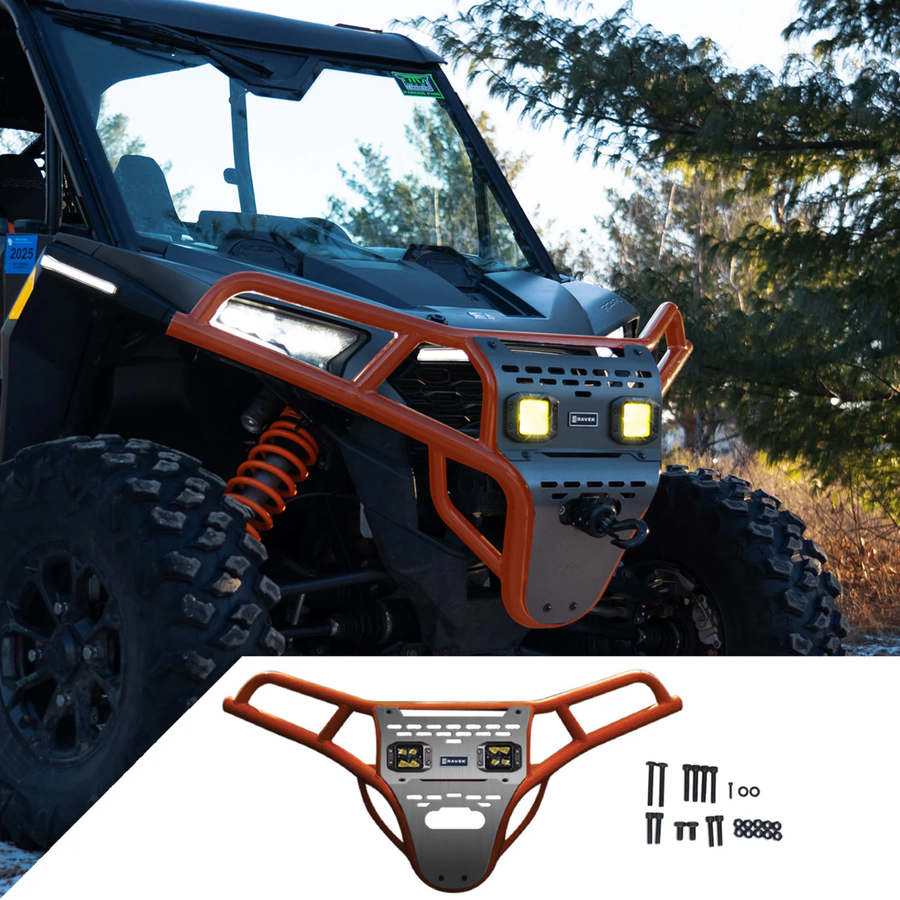 RAVEK Front Bumper/Skid Plate with Amber Lights - Orange - RZR XP 1000 64-317ORLA - Image 2