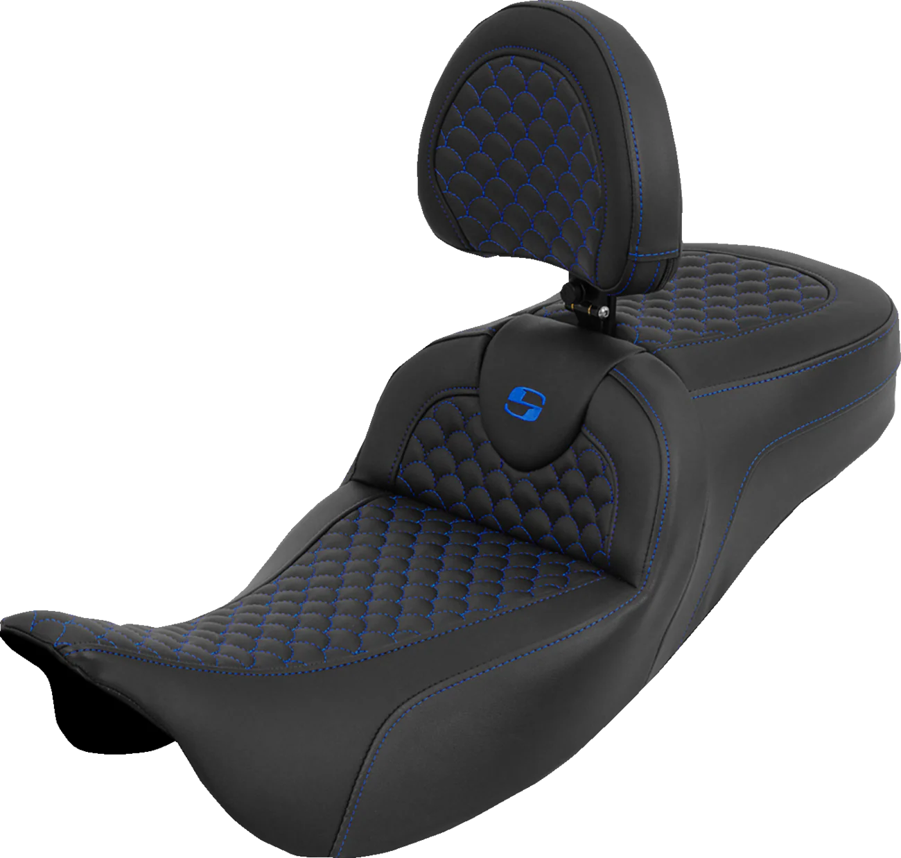 SADDLEMEN Extended Reach Roadsofa™ Seat - Dragon Scale - Blue Stitch - with Backrest - Touring '08-'25 808-07B-209B1