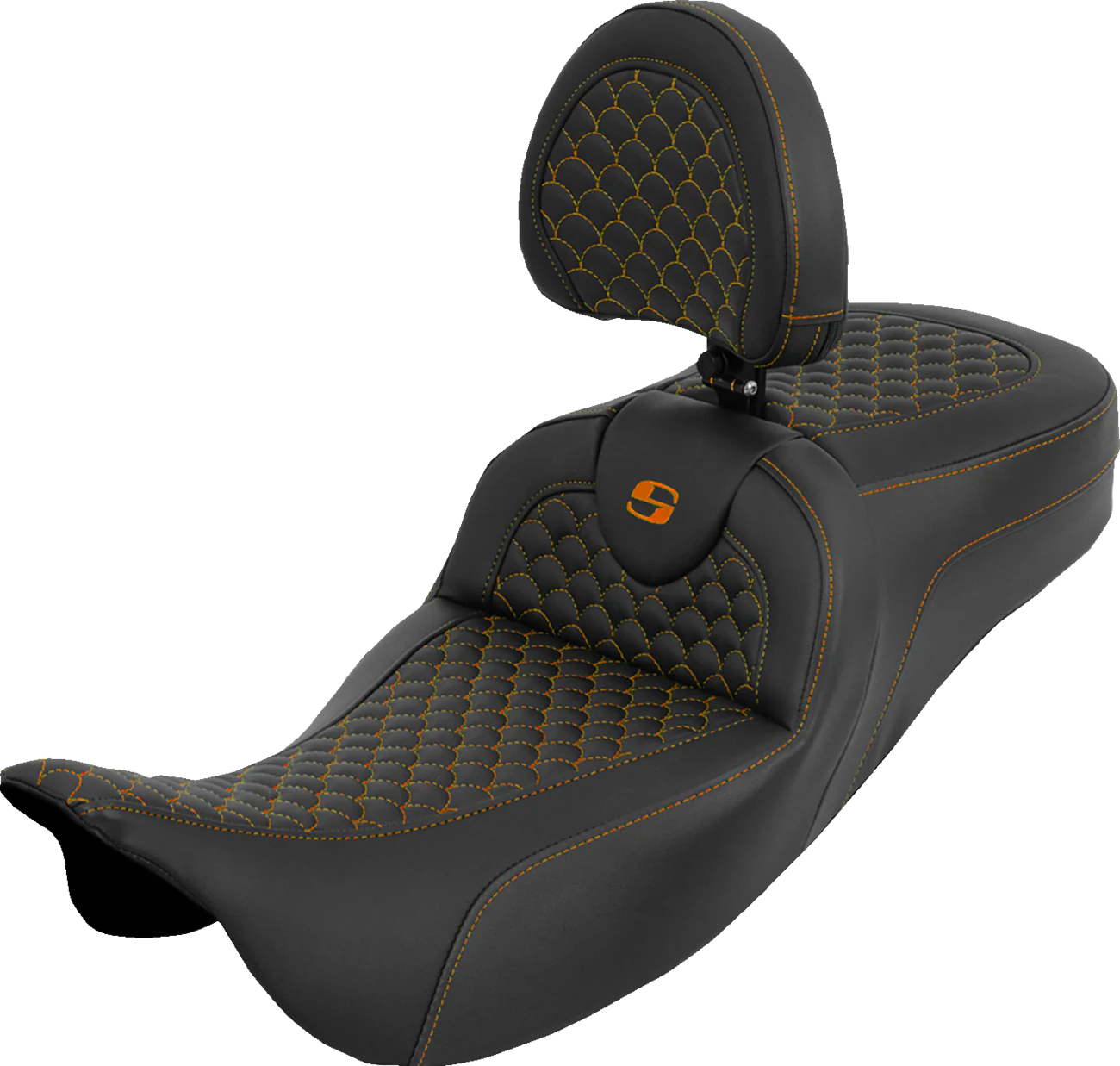 SADDLEMEN Extended Reach Roadsofa™ Seat - Dragon Scale - Orange Stitch - with Backrest - Touring '08-'25 808-07B-209B3