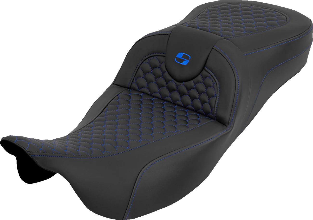SADDLEMEN Extended Reach RoadSofa™ Seat - Dragon Scale - w/o Backrest - Blue Stitch - FLH/FLT '08-'25 808-07B-20901