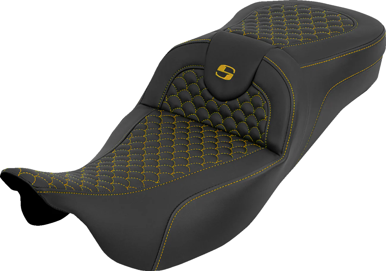 SADDLEMEN Extended Reach RoadSofa™ Seat - Dragon Scale - w/o Backrest - Gold Stitch - FLH/FLT '08-'25 808-07B-20907