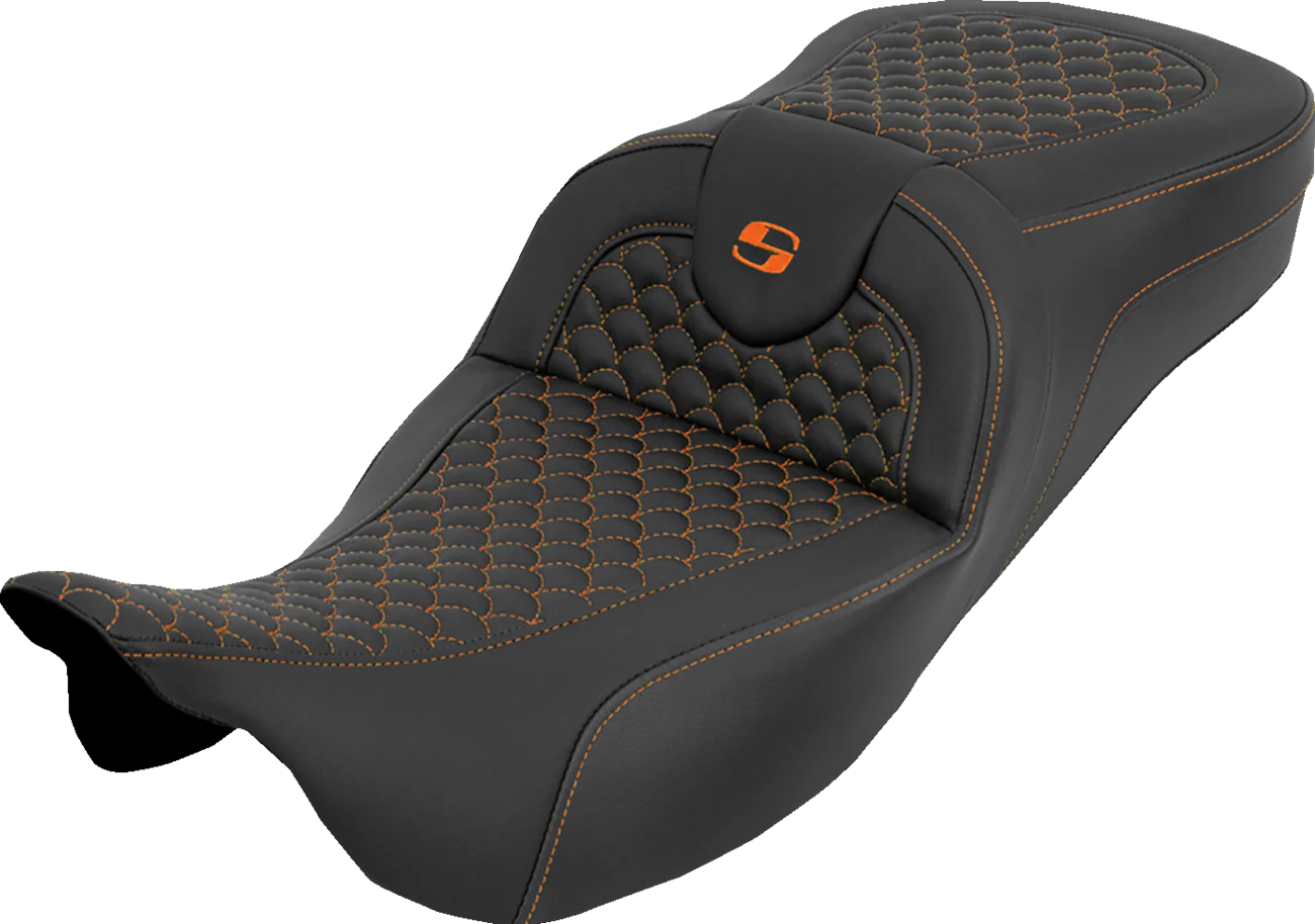 SADDLEMEN Extended Reach RoadSofa™ Seat - Dragon Scale - w/o Backrest - Orange Stitch - FLH/FLT '08-'25 808-07B-20903