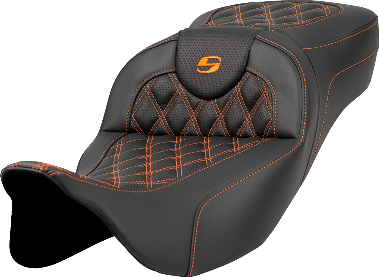 SADDLEMEN Extended Reach Roadsofa* Seat - Lattice Stitch - Orange Stitch - without Backrest - FL '08-'23 808-07B-18403