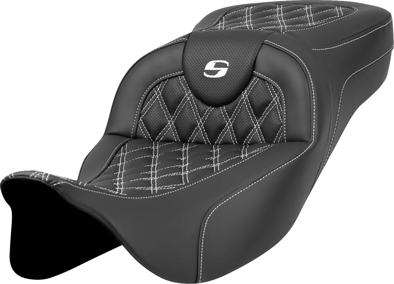 SADDLEMEN Extended Reach Roadsofa™ Seat - Lattice Stitch - White Stitch - without Backrest - FL '08-'23 808-07B-18406