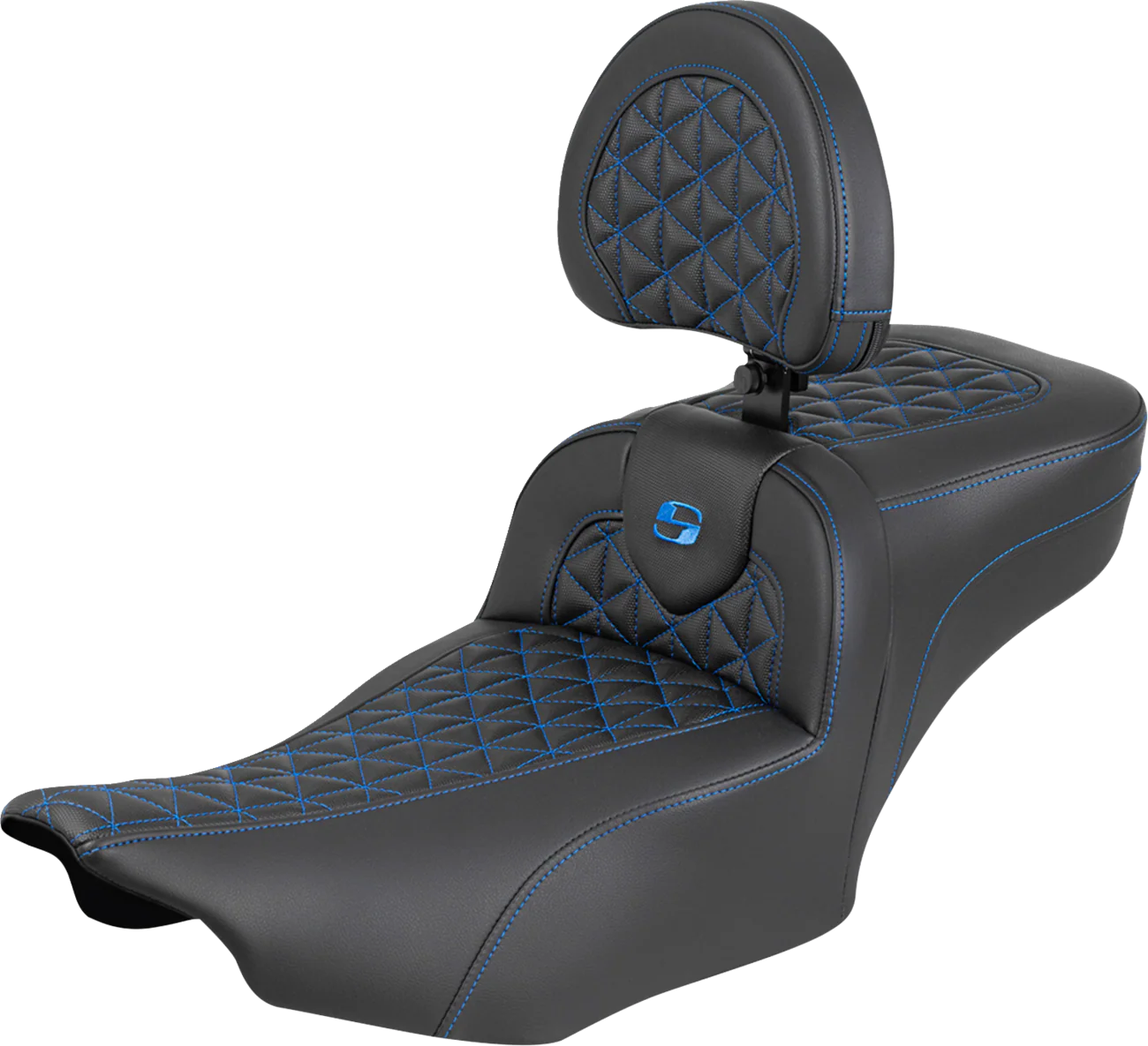 SADDLEMEN Roadsofa™ Extended Reach Seat - with Backrest - Blue Stitch - FLH/FLT '23-'25 823-07-211B1