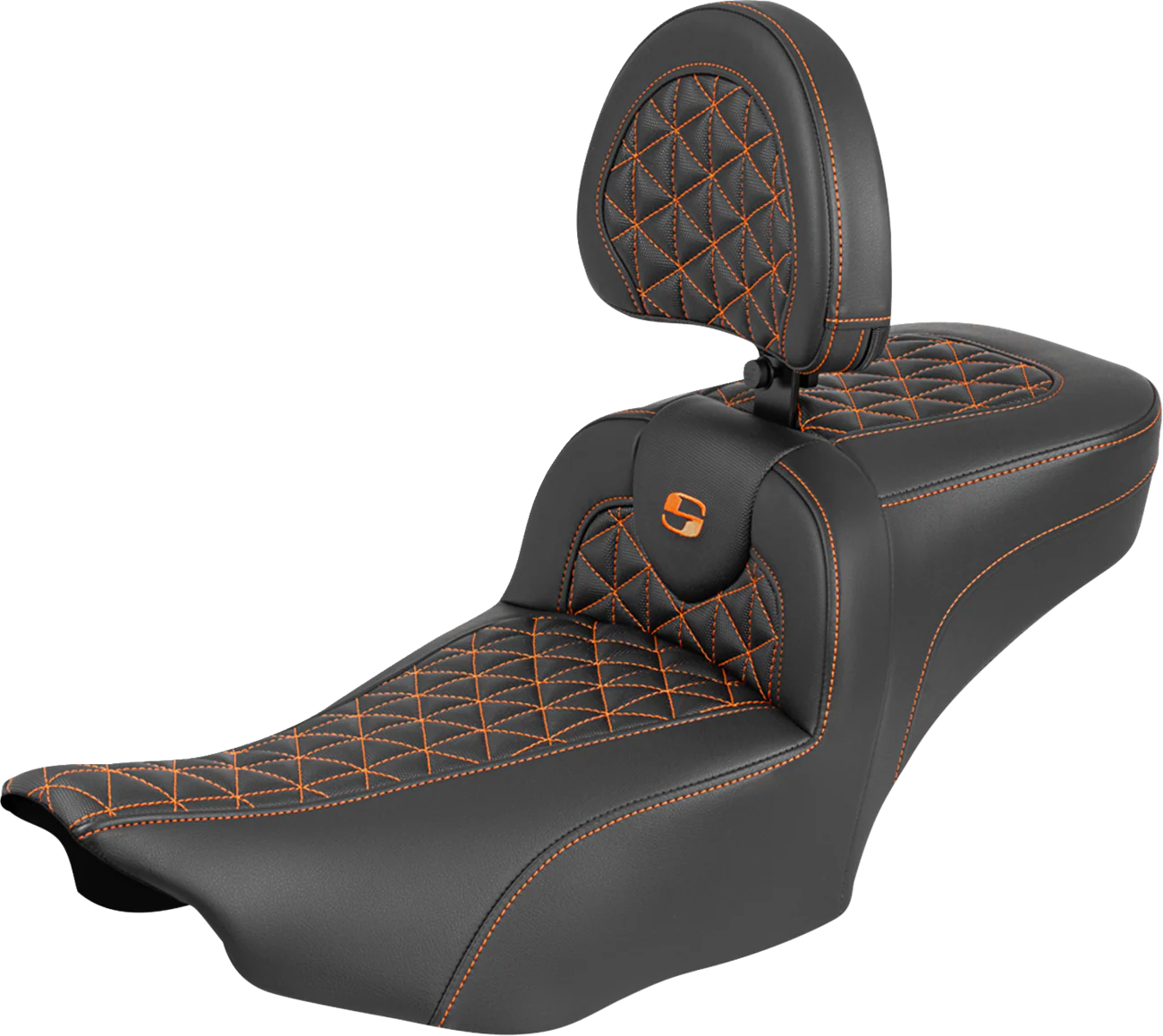 SADDLEMEN Roadsofa™ Extended Reach Seat - with Backrest - Orange Stitch - FLH/FLT '23-'25 823-07-211B3