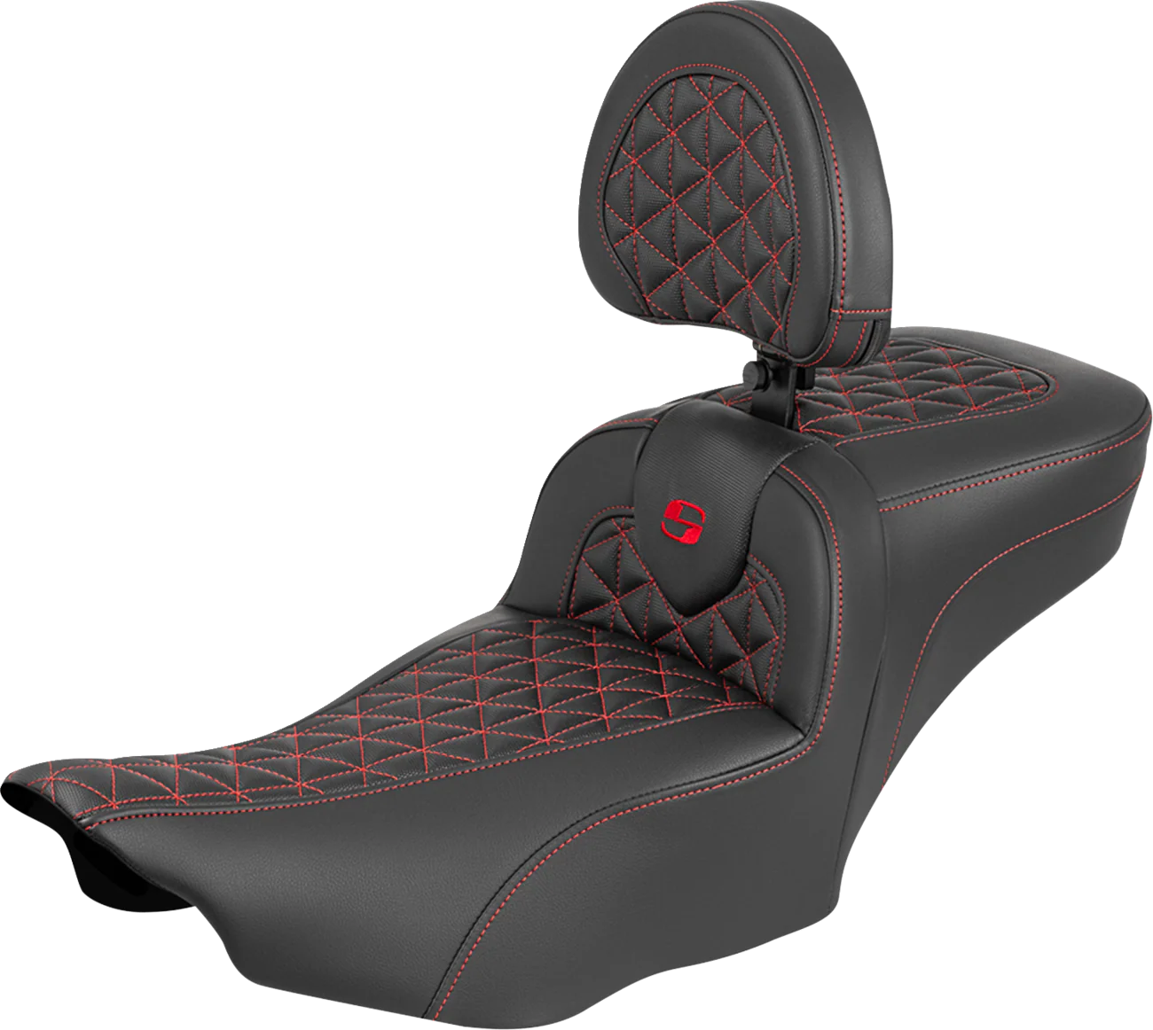SADDLEMEN Roadsofa™ Extended Reach Seat - with Backrest - Red Stitch - FLH/FLT '23-'25 823-07-211B4