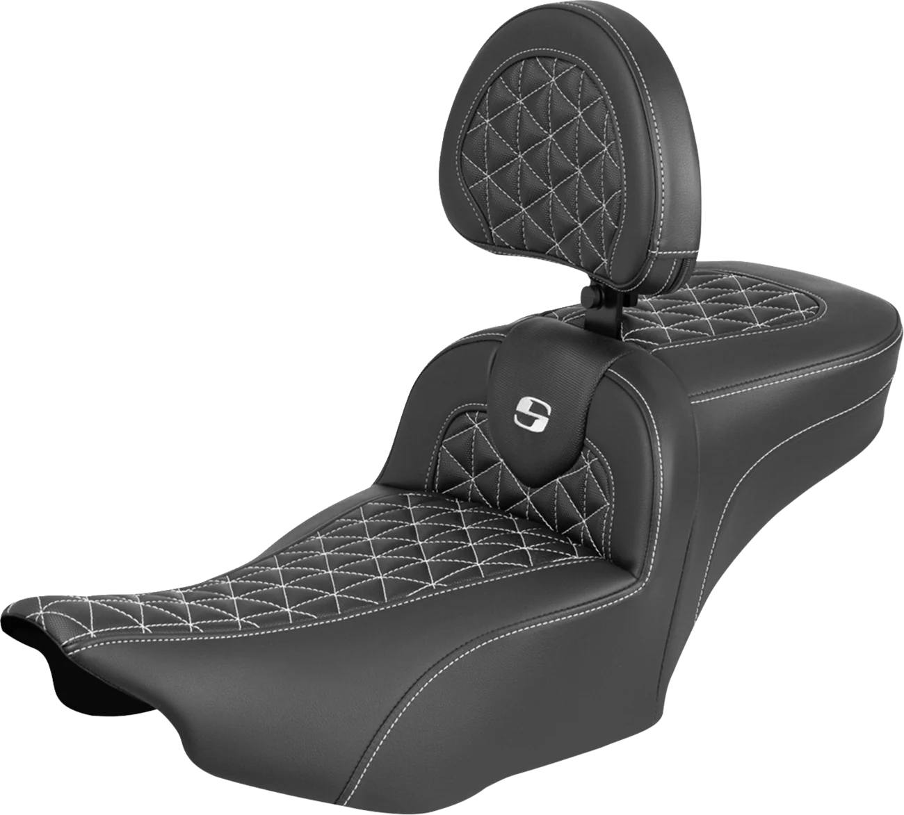 SADDLEMEN Roadsofa™ Extended Reach Seat - with Backrest - White Stitch - FLH/FLT '23-'25 823-07-211B6