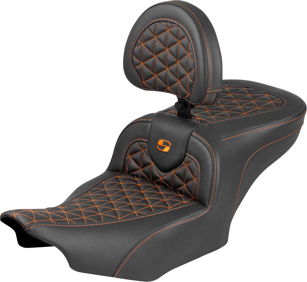 SADDLEMEN Roadsofa™ Seat - with Backrest - Orange Stitch - FLH/FLT '23-'25 823-07-210B3