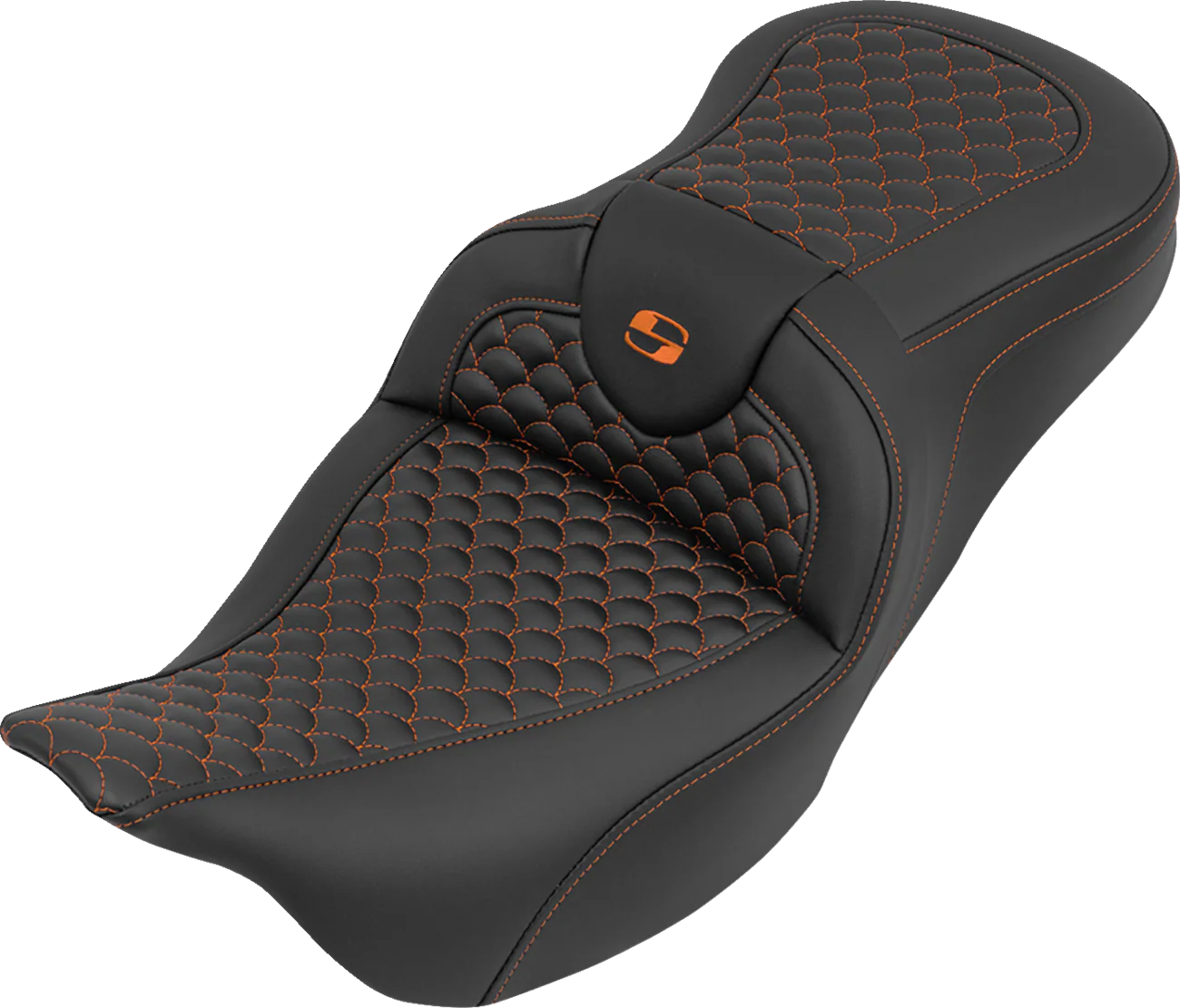 SADDLEMEN Roadsofa™ Seat - without Backrest - Dragon Stitch - Orange Stitch - FLH/FLT '08-'25 808-07B-20803