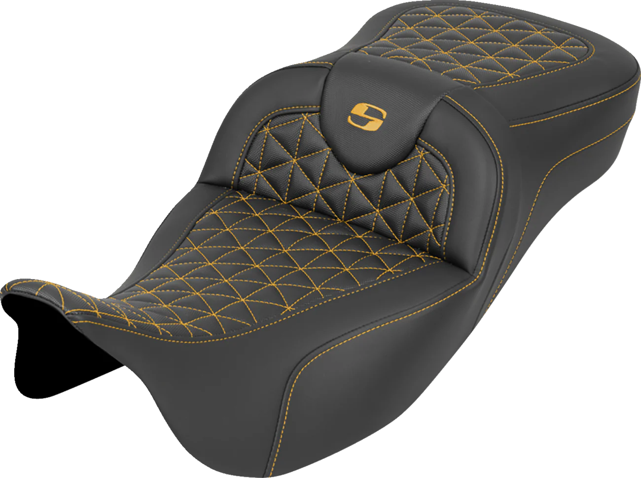 SADDLEMEN RoadSofa™ Tri Gripper Seat - Extended Reach - Gold Stitch - w/o Backrest - FLH/FLT '08-'25 808-07B-21107