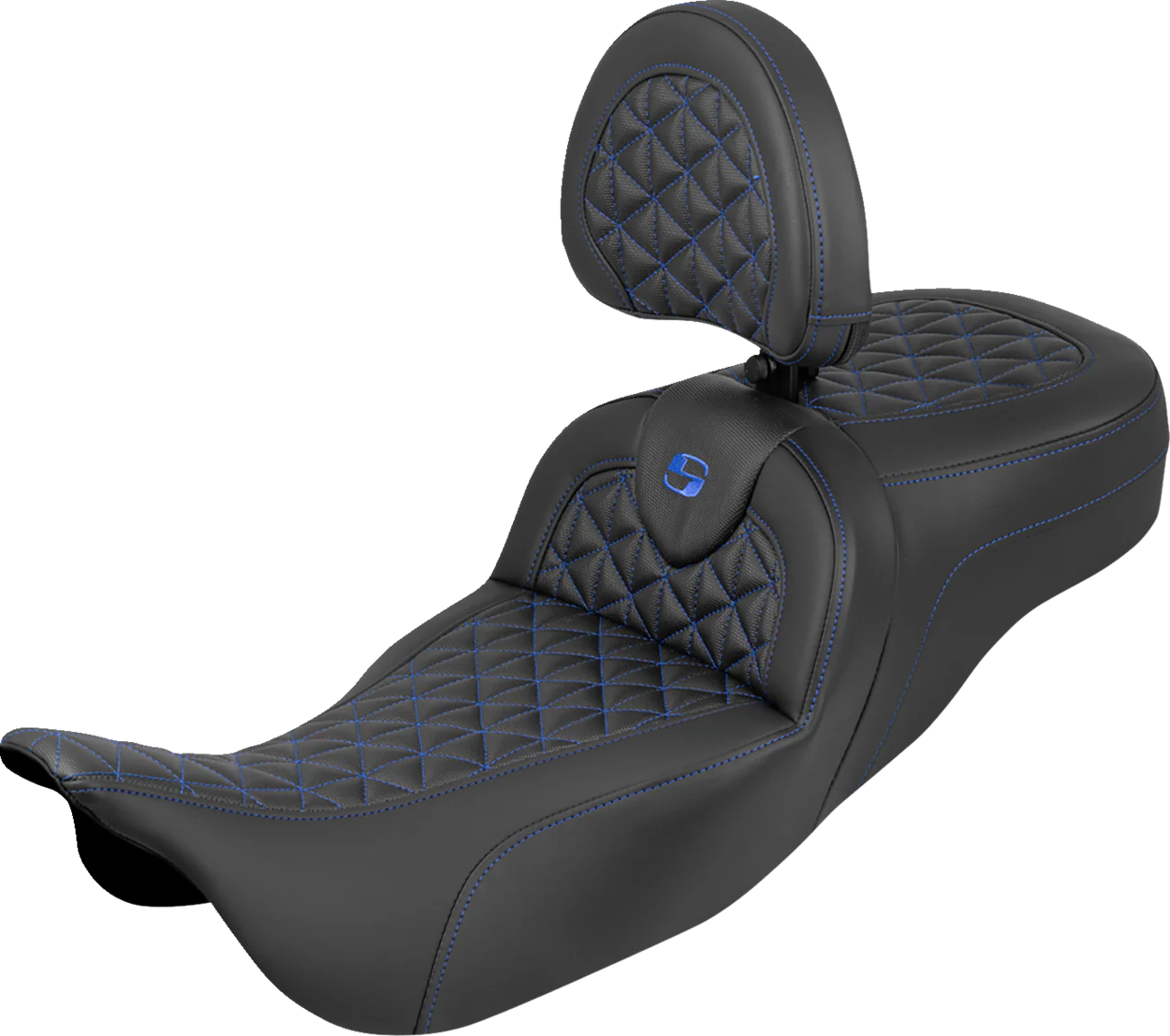 SADDLEMEN RoadSofa™ Tri Gripper Seat - Standard Reach - Blue Stitch - w/ Backrest - FLH/FLT '08-'25 808-07B-211B1