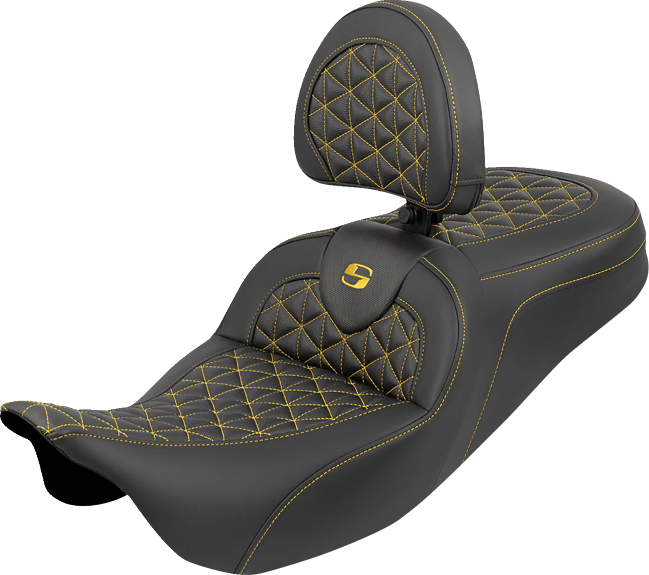 SADDLEMEN RoadSofa™ Tri Gripper Seat - Standard Reach - Gold Stitch - w/ Backrest - FLH/FLT '08-'25 808-07B-210B7