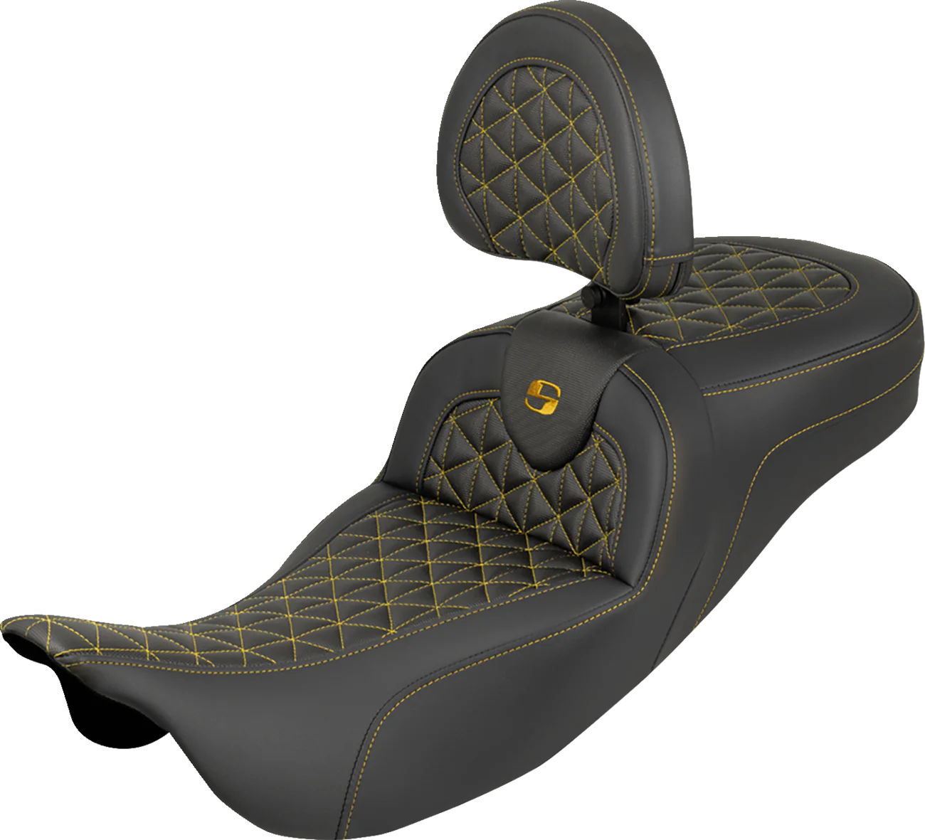 SADDLEMEN RoadSofa™ Tri Gripper Seat - Standard Reach - Gold Stitch - w/ Backrest - FLH/FLT '08-'25 808-07B-211B7