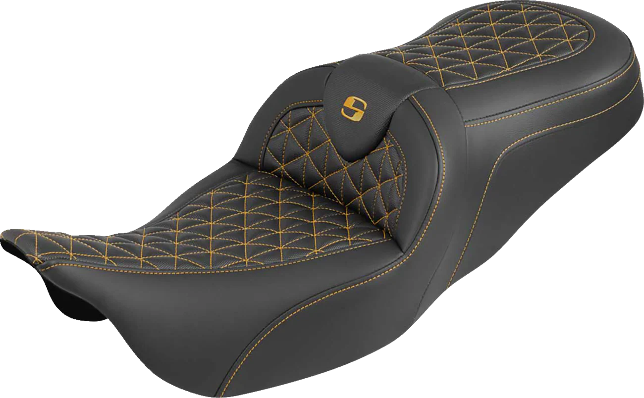 SADDLEMEN RoadSofa™ Tri Gripper Seat - Standard Reach - Gold Stitch - w/o Backrest - FLH/FLT '08-'25 808-07B-21007