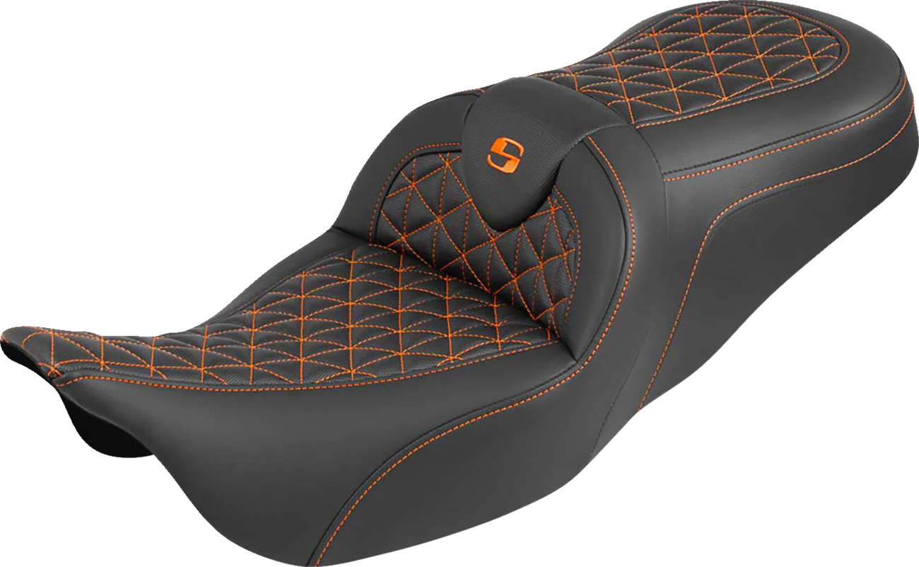SADDLEMEN RoadSofa™ Tri Gripper Seat - Standard Reach - Orange Stitch - w/o Backrest - FLH/FLT '08-'25 808-07B-21003