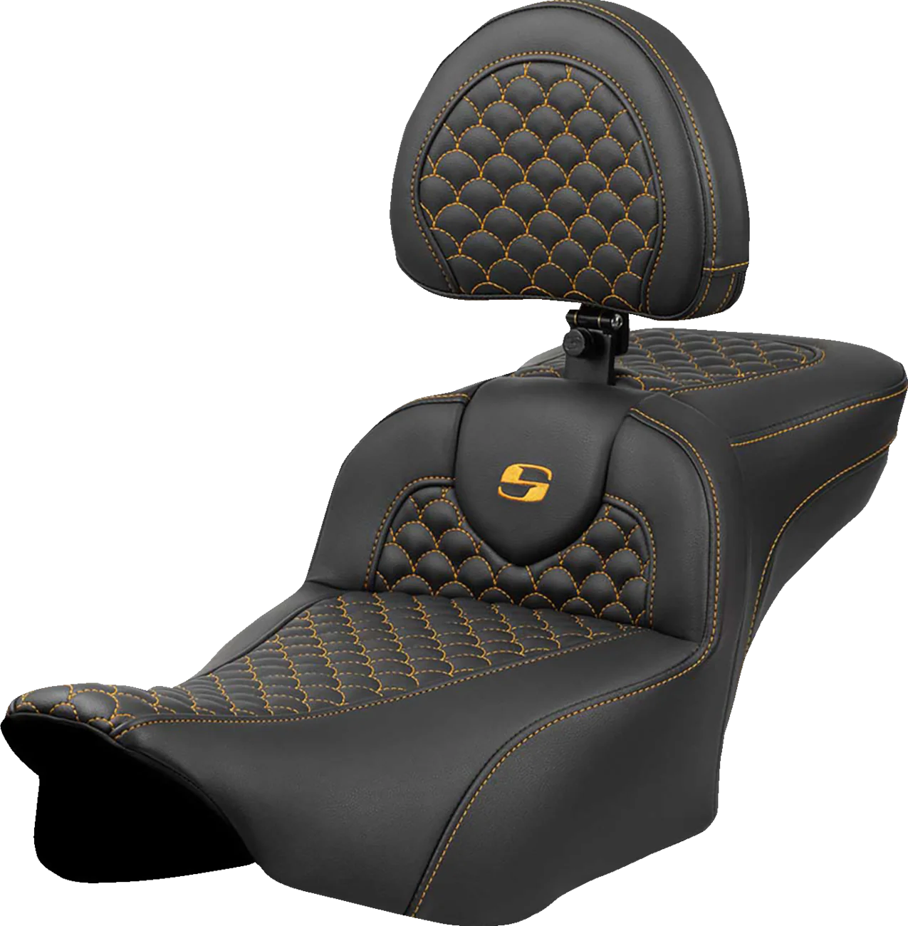 SADDLEMEN Roadsofa™ Extended Reach Seat - Dragon Scale Stitch - Gold Stitch - w/ Backrest - FLTR/FLHX '23-'24 823-07-209B7