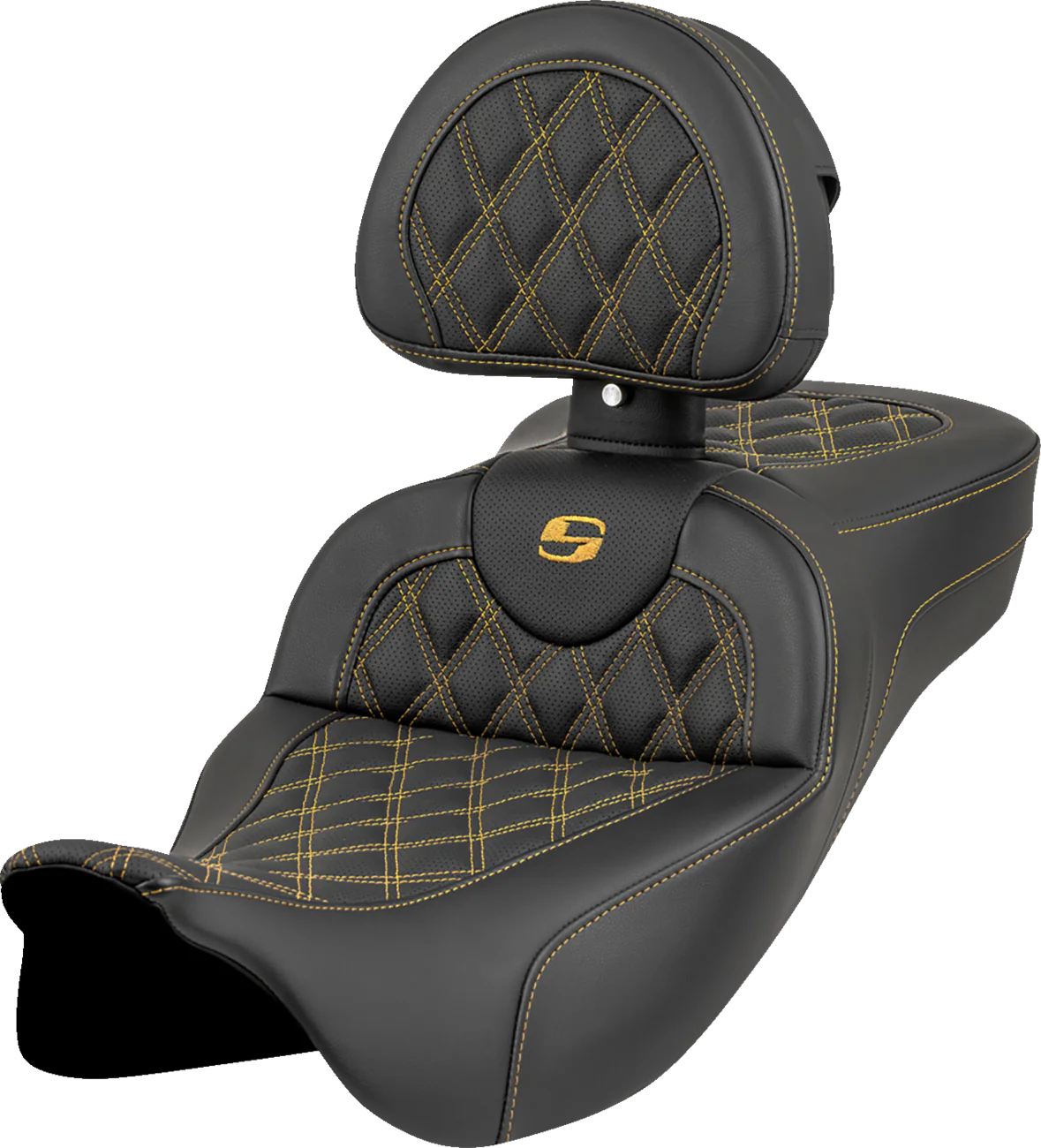 SADDLEMEN Roadsofa* Extended Reach Seat - Lattice Stitch - Gold Stitch - with Backrest - FL '08-'23 808-07B-184B7
