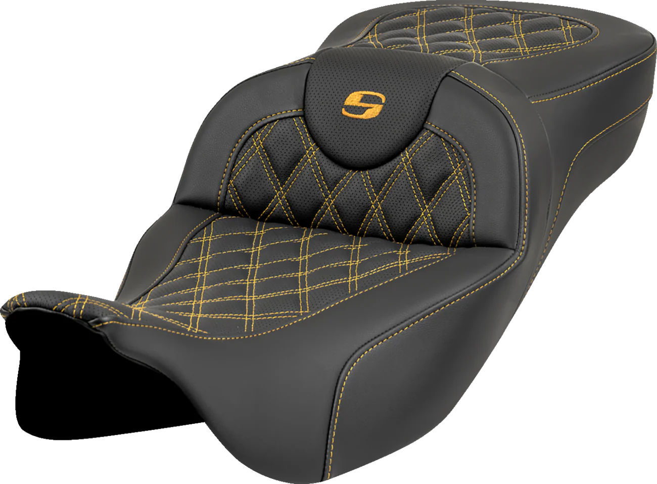 SADDLEMEN Roadsofa* Extended Reach Seat - Lattice Stitch - Gold Stitch - without Backrest - FL '08-'23 808-07B-18407
