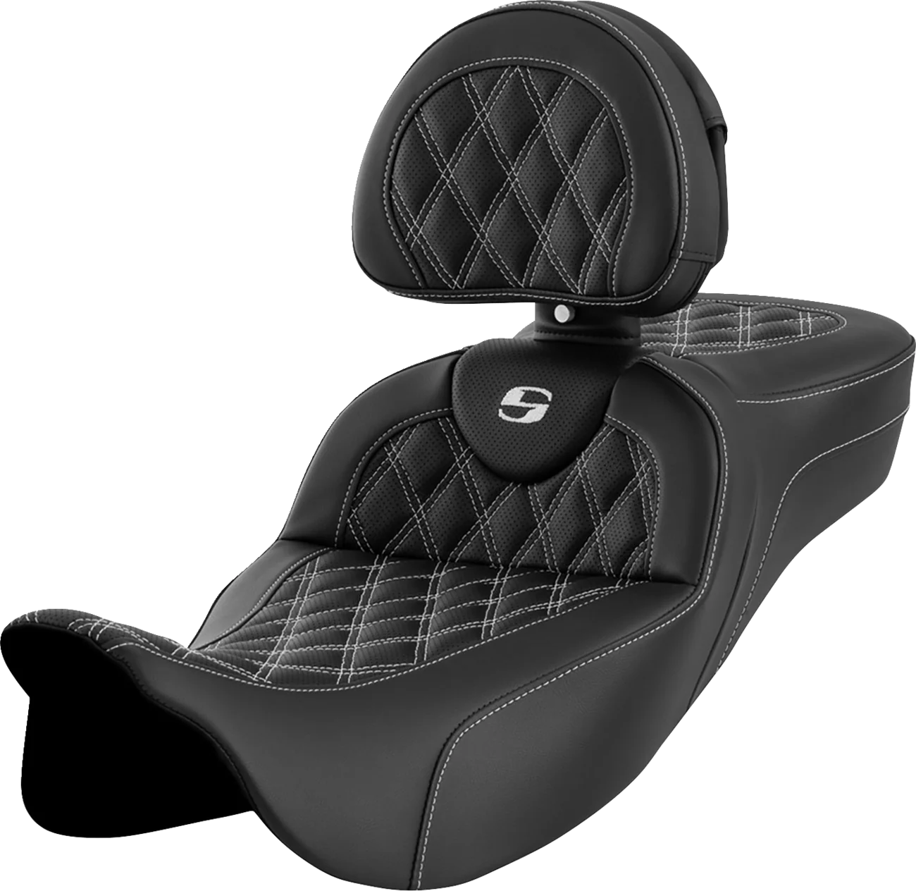 SADDLEMEN Roadsofa* Extended Reach Seat - Lattice Stitch - White Stitch - with Backrest - FL '08-'23 808-07B-184B6