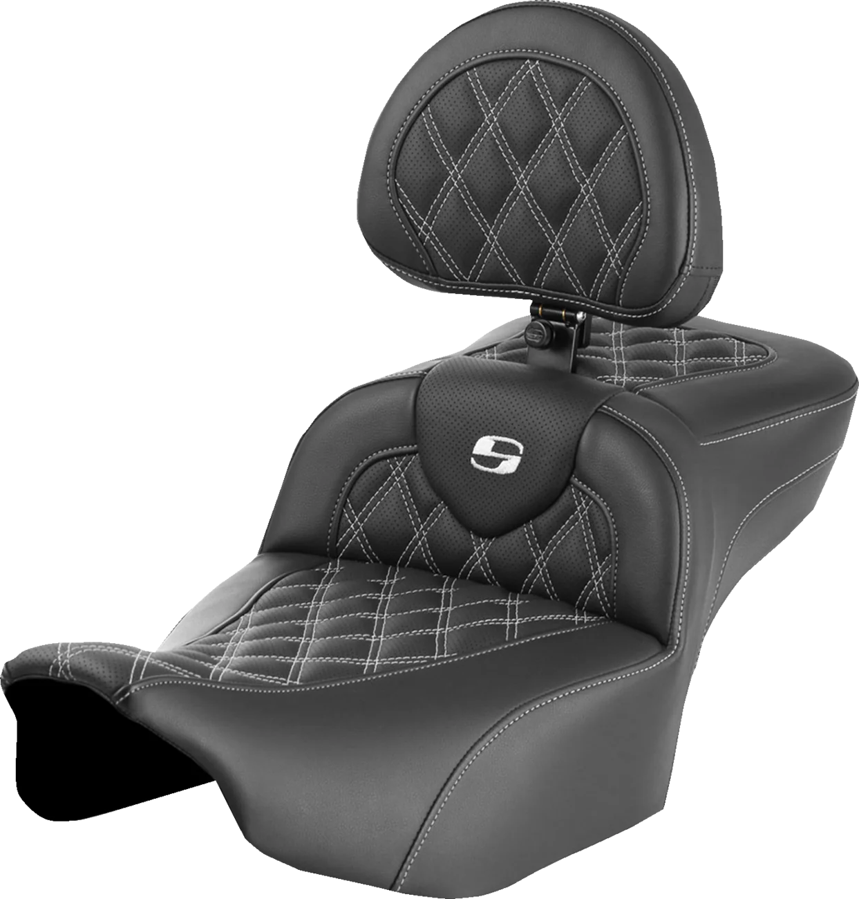 SADDLEMEN Roadsofa* Extended Reach Seat - with Backrest - Lattice Stitch - White Stitch - FLTR/FLHX '23-'24 823-07-184B6