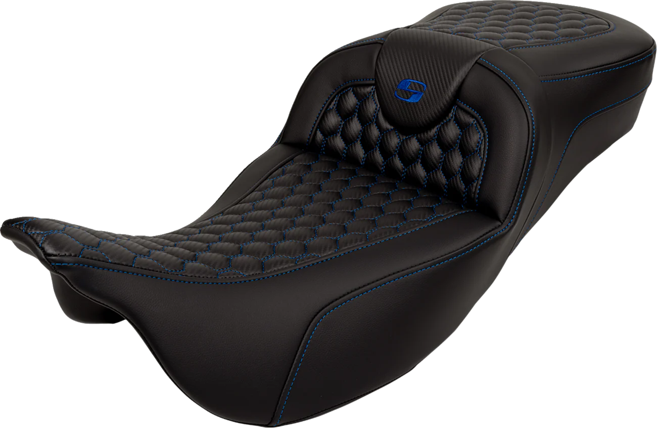 SADDLEMEN RoadSofa* Seat - Honeycomb - Blue Stitch - Extended Reach - FLH/FLT '08-'23 - Part 808-07B-19001