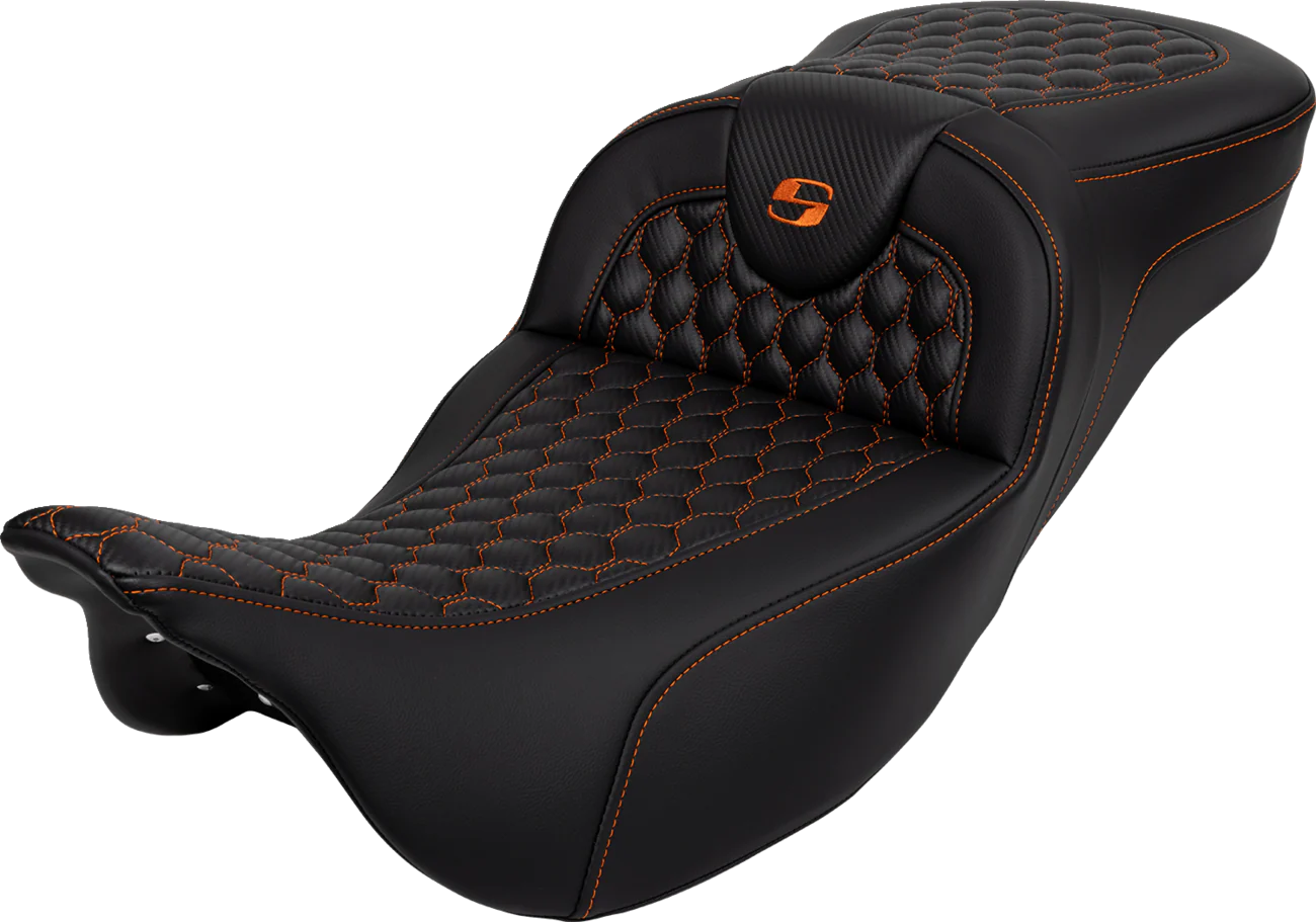 SADDLEMEN RoadSofa* Seat - Honeycomb - Orange Stitch - Extended Reach - FLH/FLT '08-'23 (Part Number: 808-07B-19003)