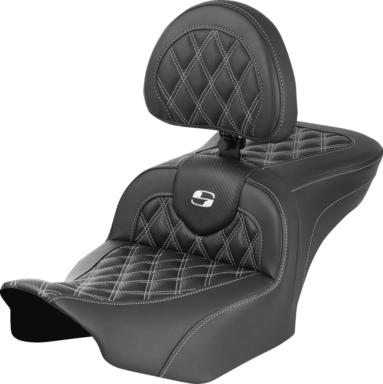 SADDLEMEN RoadSofa* Seat - with Backrest - Carbon Fiber - Lattice Stitch - White Stitch - FLTR/FLHX '23-'24 823-07-206B6
