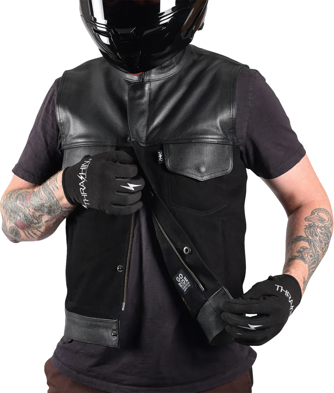 THRASHIN SUPPLY CO. Kanan Leather/Denim Riding Vest - Black - 3XL TMJ-13-13 - Image 6