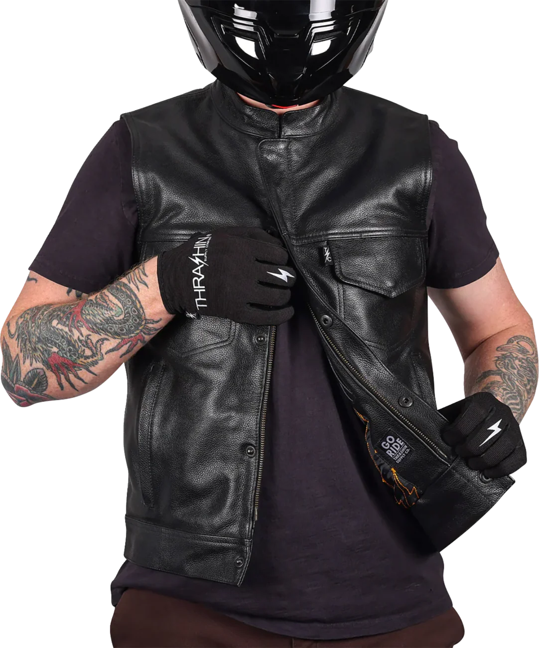 THRASHIN SUPPLY CO. Mulholland Leather Riding Vest - Black - 3XL TMJ-14-13 - Image 6