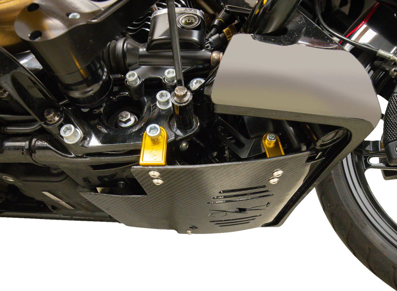 THRASHIN SUPPLY CO. Skid Plate - Carbon Fiber/Gloss - With Gold Brackets - FLHX/FLTRX TSC-3034-5 - Image 10