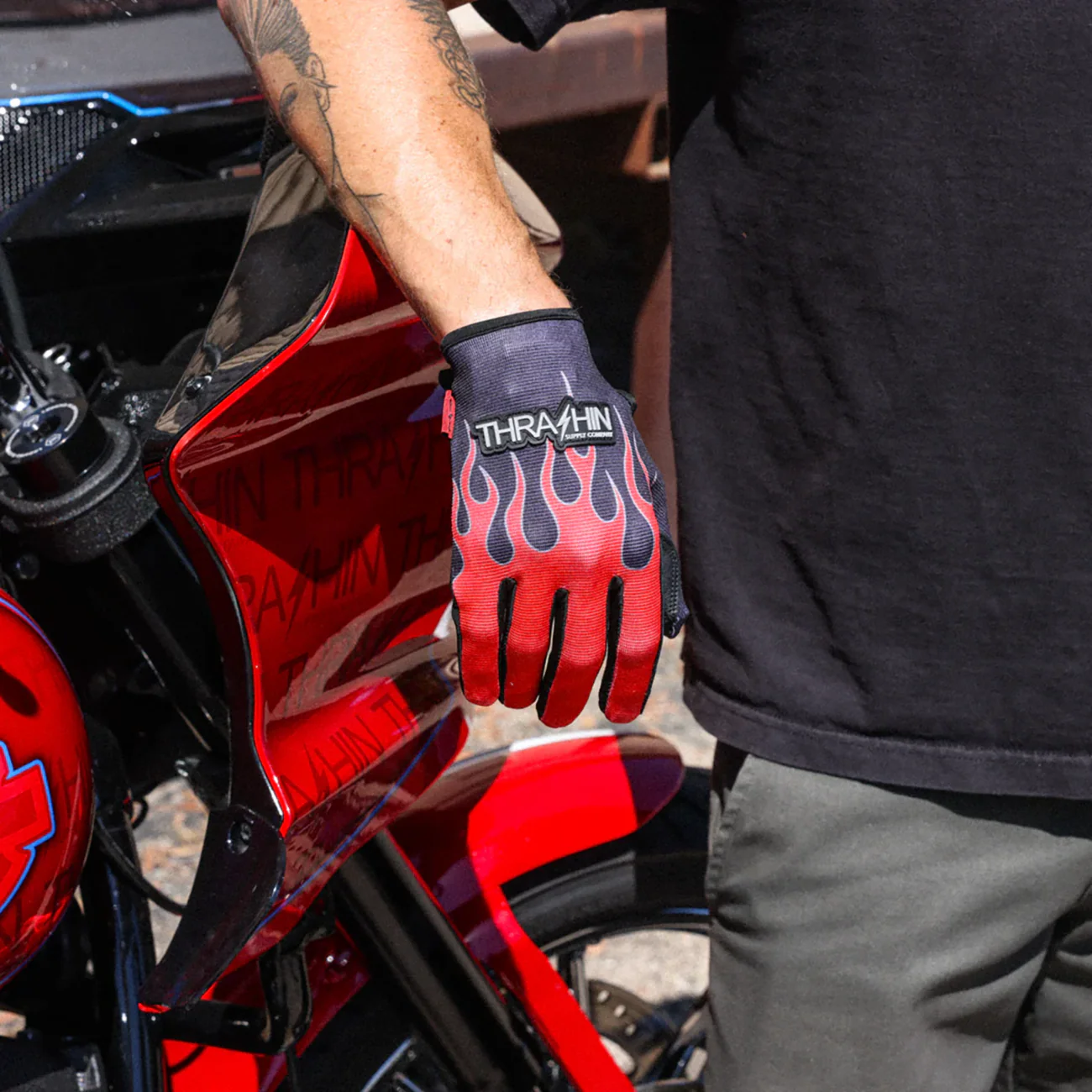 THRASHIN SUPPLY CO. Stealth Leather Palm Flame Gloves - Red - 2XL SV1-21-12 - Image 6